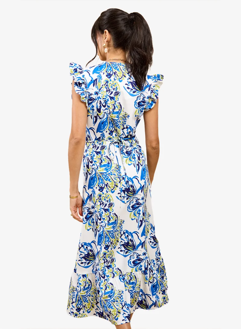 ليتل مسترس فستان ميدي أزرق بنقشة الزهور